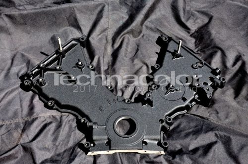 Ford timing cover coated in Wrinkle Black